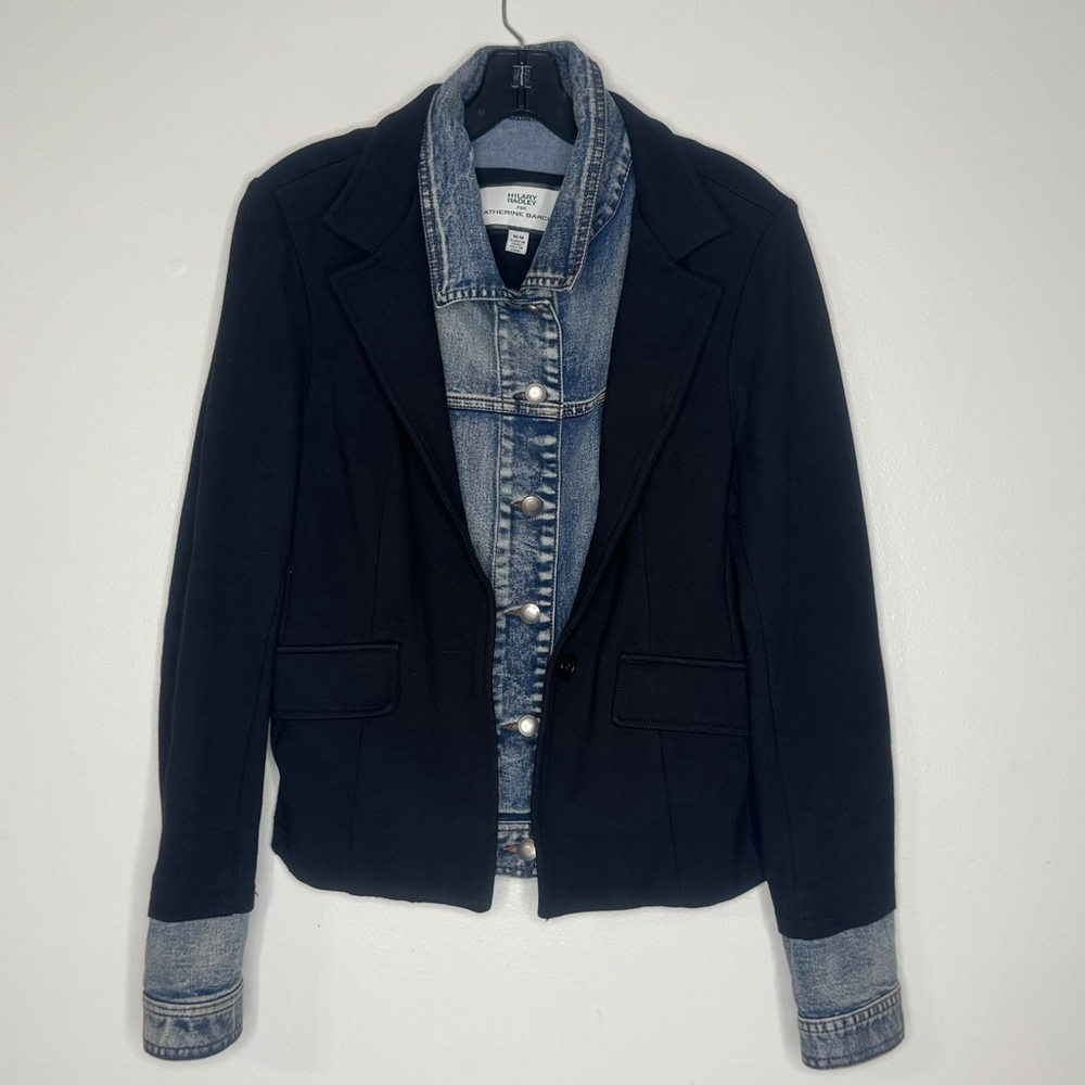 Hilary Radley for Katherine Barclay Denim Layered Black Blazer Jacket M - Picture 3 of 8
